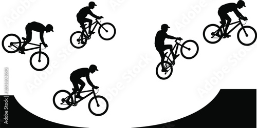 BMX cyclist silhouettes performing aerial tricks and jumps on ramps, extreme sports action scene, freestyle biking stunts, urban cycling concept isolated on white background