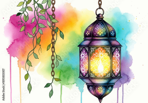 Beautiful watercolor illustration of an ornate, glowing lantern surrounded by a vibrant spectrum of abstract paint splashes and delicate green hanging foliage