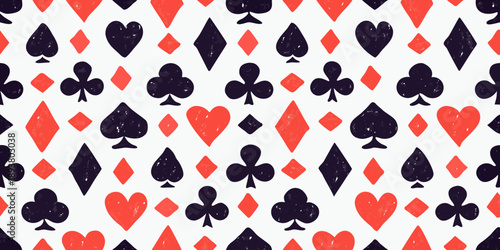 A repeating pattern of red and black playing card suits on white