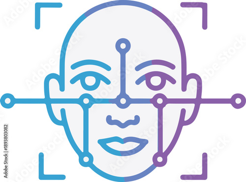 Facial recognition system with blue and purple lines and dots on face
