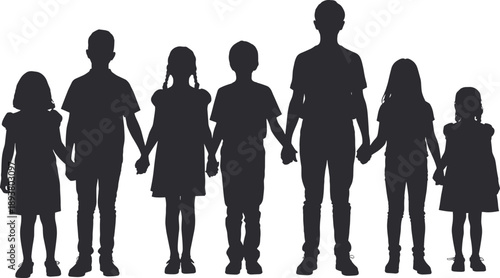 Children silhouettes holding hands in a row, representing friendship, unity, diversity, childhood bonding, teamwork, innocence, and community support concept isolated on white background