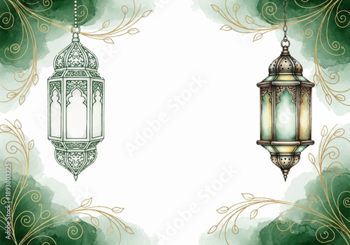 Vibrant watercolor illustration with exquisite hanging lanterns, lush green splashes, and delicate golden swirls, ideal for decorative greetings and cultural celebrations