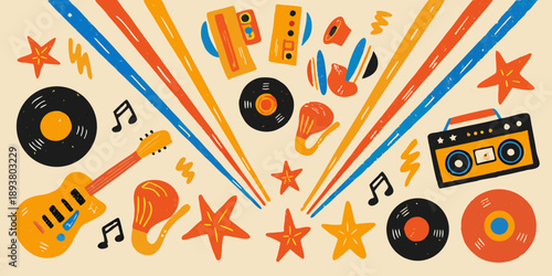 Retro music elements burst from a colorful illustrated background