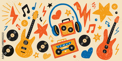 A vibrant illustration featuring musical instruments and notes