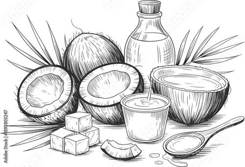 Coconut Milk Oil and Fruit Botanical Line Art Illustration.
