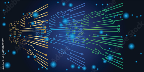 Circuit boards. Motherboards. Gold, blue, green technology background. 
