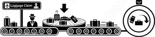 Black and white vector illustration of an airport luggage claim area with suitcases on a conveyor belt and a passenger pickup sign