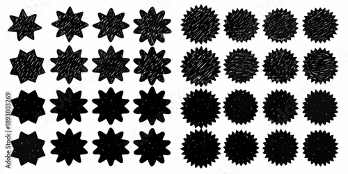 Arrangement of hand drawn black shapes stars and circles in rows