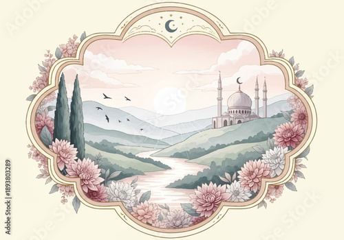 Enchanting watercolor illustration of a serene mosque and winding river landscape, elegantly framed by soft pastel flowers and a crescent moon, evoking peaceful tranquility
