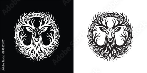 Celtic Knot Deer Head with Tree Roots and Antlers Symmetrical Logo