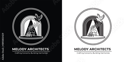 Grand Piano Stage with Flying Bird and Musical Notes Architecture Logo