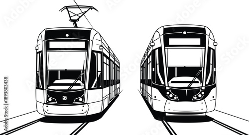 Black and white vector illustration of modern light rail trams on tracks for urban public transportation city transit and sustainable travel design
