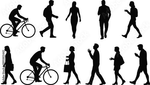 People silhouettes collection showing men and women walking, cycling, talking, and using mobile phones, everyday urban lifestyle activities and commuting scenes isolated on white background