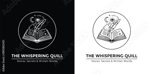 Mystical Open Book with Feather Quill Pen Logo Design for Storytelling and Writing Services