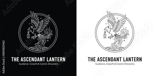 Ascendant Phoenix Carrying Lantern with Cosmic Roots Growth Logo