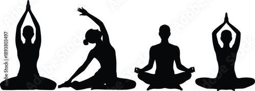 Minimalist black yoga and meditation silhouettes showing seated poses, mindfulness, flexibility, wellness practice, spiritual balance, relaxation, and healthy lifestyle isolated on white background