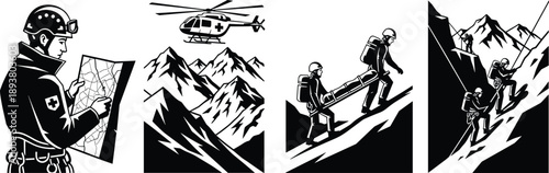 Black and white vector illustration of mountain rescue teams using helicopters and stretchers to save injured climbers in dangerous alpine peaks and ridges