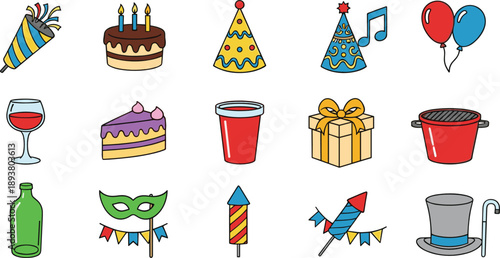 Party celebration icon set with cake, balloons, hats, gift box, fireworks, drinks and festive event symbols illustration