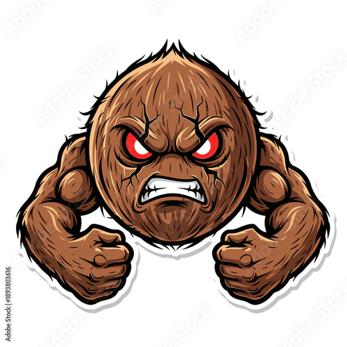 A cartoon coconut character with a menacing expression flexes its muscular arms from a front viewpoint