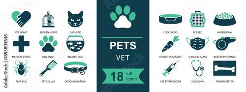 Pets vet icon set. Containing paw print, cat, heart, vaccine, syringe, stethoscope, pet bowl, bone, grooming brush, carrier, collar, medicine and more. Solid fill vector icons collection