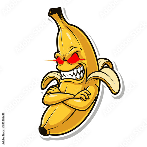 A cartoon banana character with an angry expression standing confidently in an illustration