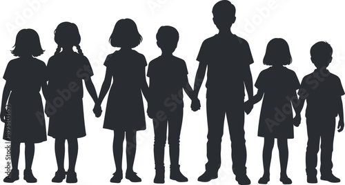Silhouettes of children holding hands in a row, representing unity, friendship, childhood diversity, teamwork, innocence, and community concept isolated on white background