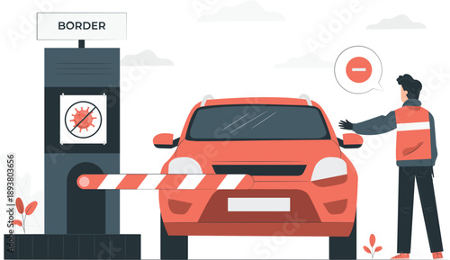 Border control vector illustration with car and officer . A flat design vector illustration depicting a border control scene with a red car and an officer checking documents.