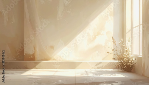 Sunlit room with textured wall, window, and dried plant, minimalist decor, warm light