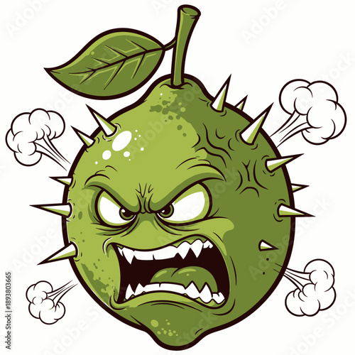 A cartoonish green fruit with spikes and a menacing face surrounded by smoke, illustrating a humorous character design, in a digital illustration style, viewed from the front.