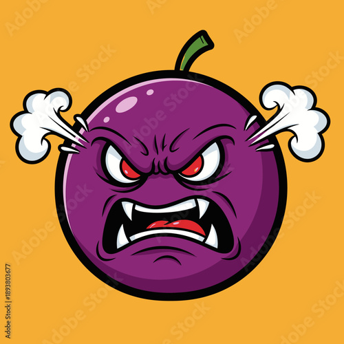 A cartoon angry purple fruit with sharp teeth and fangs, emitting smoke from its sides, in a vibrant orange environment viewed directly