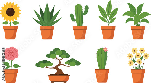 Potted plant and flower icon set with cactus, bonsai, sunflower, rose and indoor greenery illustration collection