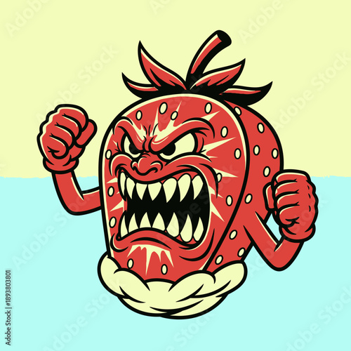 A cartoon strawberry character is running with an angry expression on its face, fists clenched and teeth bared, in a vibrant illustration style