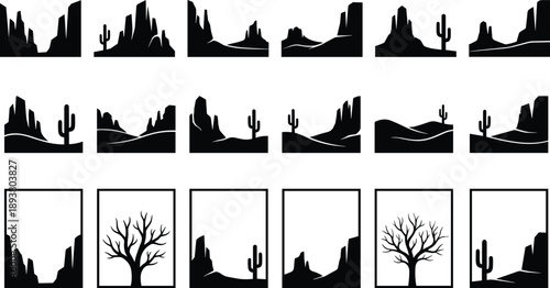 Desert landscape silhouette set, cactus and rock formations, barren tree icons, wild west nature scene, flat vector illustration