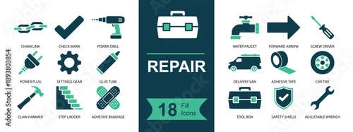 Repair icon set. Containing toolbox, wrench, screwdriver, drill, hammer, gear, tap, car service, wheel, bandage, check mark, plug, chain link and more. Solid fill vector icons collection