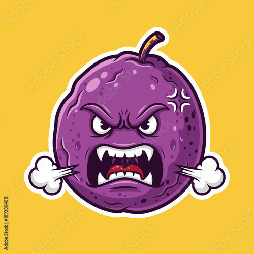 A cartoon plum expressing anger with a furious face and fists clenched on a vibrant yellow surface.