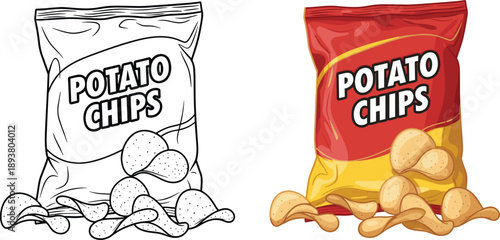 Potato chips packaging illustration set with outline and full color versions, ideal for snack branding, food packaging design, and junk food concepts.