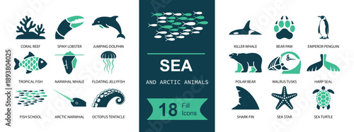 Sea and arctic animals icon set. Containing whale, polar bear, seal, penguin, fish, coral, jellyfish, starfish, turtle, octopus, shrimp and more. Solid fill vector icons collection