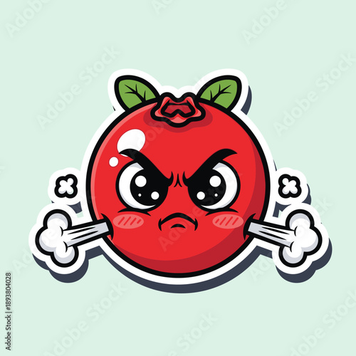 Angry red tomato character with crossed bones, angrily glaring, isolated on a light background, viewed from the front.
