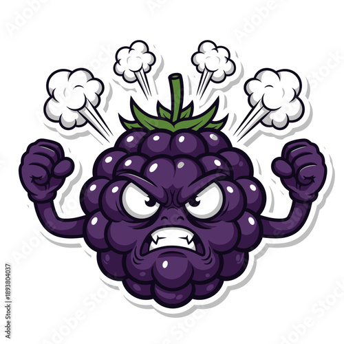 A cartoon blackberry character with angry expression and puffing smoke fists on a plain background from a front viewpoint
