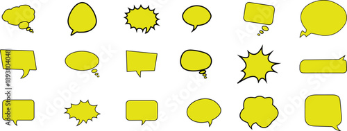 Collection of various yellow cartoon speech bubbles isolated on transparent background