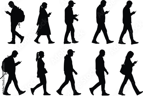 Walking people smartphone silhouettes set showing modern pedestrians using mobile devices, urban lifestyle, communication technology, and everyday city movement isolated on white background