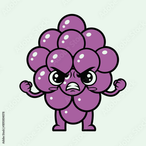 A purple cartoon character with angry expression standing with fists raised in a white background