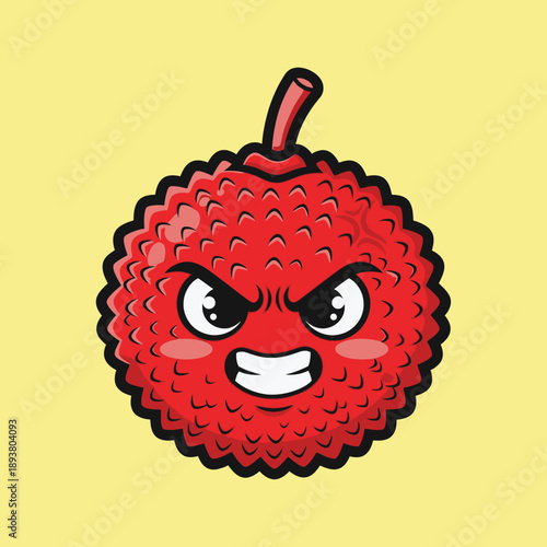 A cartoon lychee with an angry expression and a stem on a vibrant yellow surface, viewed from directly above