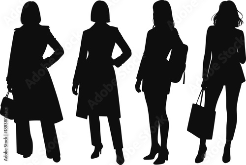 Stylish female silhouettes collection showing modern women in fashionable outfits with handbags and backpacks, standing poses, elegant figures, minimal black design isolated on white
