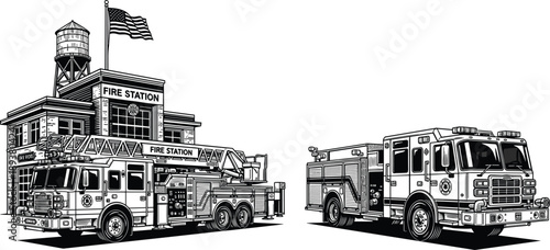 Black and white vector illustration set of a city fire station building with flag and modern fire trucks for emergency rescue design