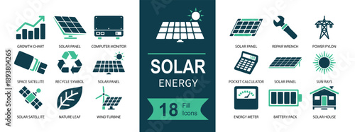 Solar energy icon set. Containing solar panels, sun, solar farm, battery, power meter, home system, eco leaf, recycle, grid and more. Solid fill vector icons collection