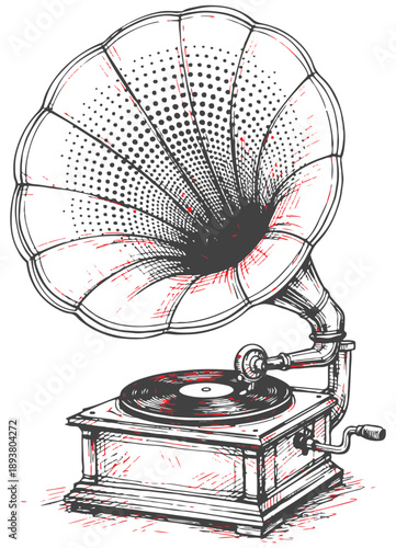 A detailed illustration of a classic gramophone with a wide horn, playing a vinyl record. Evokes nostalgia and vintage charm, perfect for retro decor, music branding