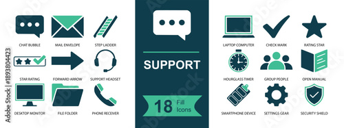 Support icon set. Containing chat, email, headset, phone, arrow, rating, monitor, folder, stopwatch, users, gear, shield and more. Solid fill vector icons collection