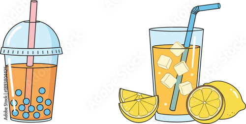 Refreshing summer drink illustration with bubble tea cup and iced lemon beverage glass for cafe and beverage designs