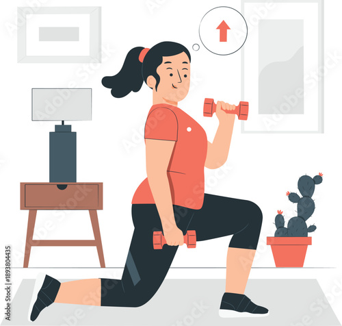Woman exercising at home with dumbbells. A flat design illustration of a woman performing lunges while holding dumbbells in a home setting. The image includes a potted cactus, a side table with a lamp